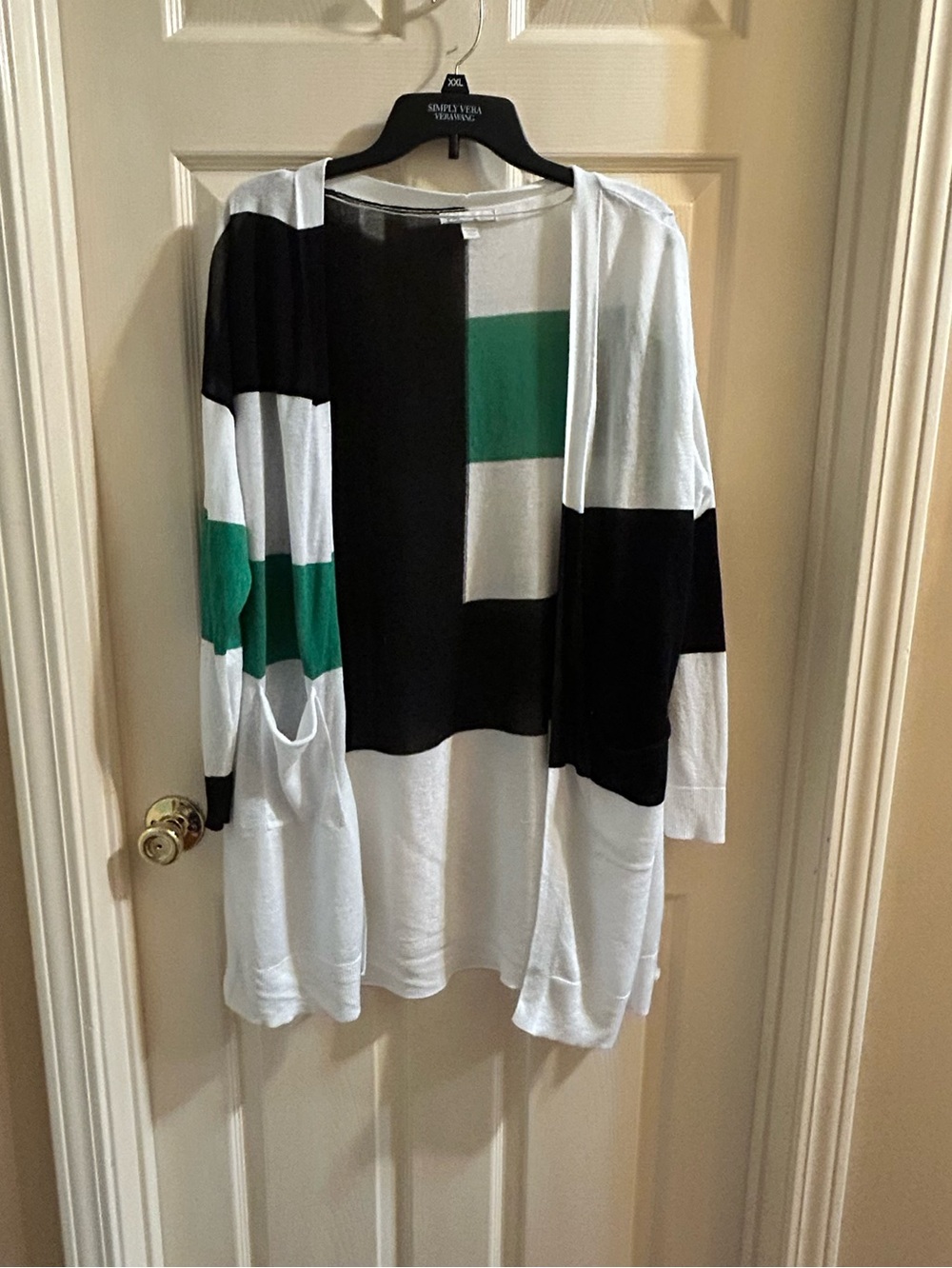 Colorblock Open-Front Women’s Cardigan - White, Black & Green